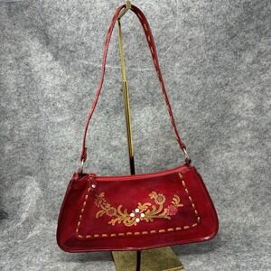 Vintage Mini Handmade Leather‎ Handbag Bag Made in India Red Floral Tooled Paint